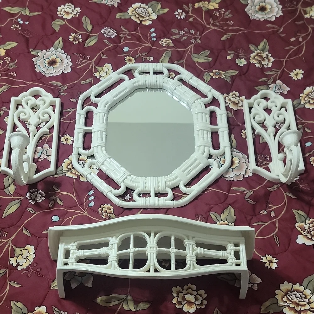 Vintage Homco White Wicker Resin Mirror Wall Decor Set